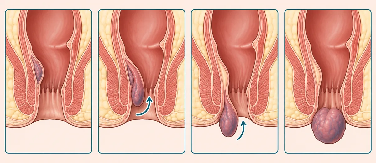 Four medical illustrations side by side showing the four grades of internal piles, from a pile that stays inside the canal to one that stays outside