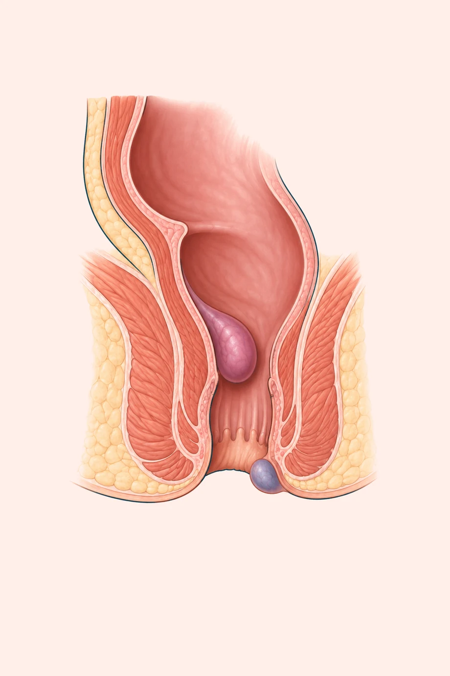 Medical illustration of the back passage in cross-section, showing a swollen internal pile inside the canal and a swollen external pile under the skin at the opening