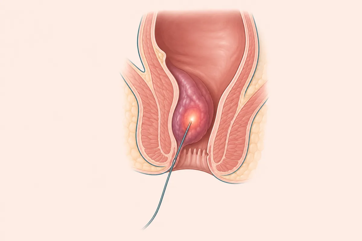 Medical illustration of a thin laser fibre placed inside a swollen internal pile, which shrinks the pile from within