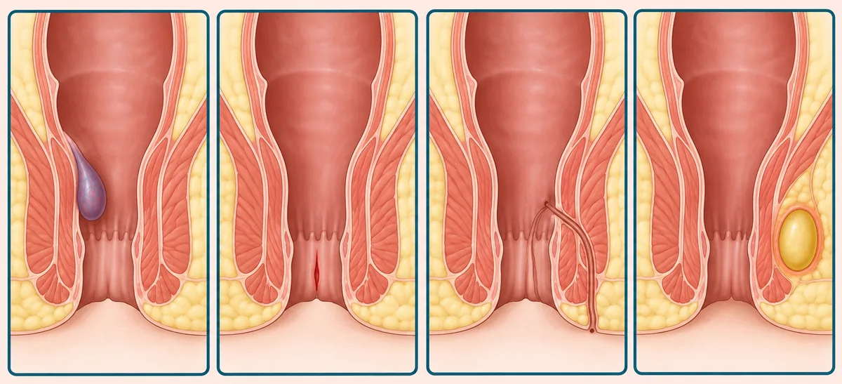 Four medical illustrations side by side comparing a pile, an anal fissure (a small tear in the lining), an anal fistula (a narrow tunnel to the skin) and a perianal abscess (a pocket of infection)