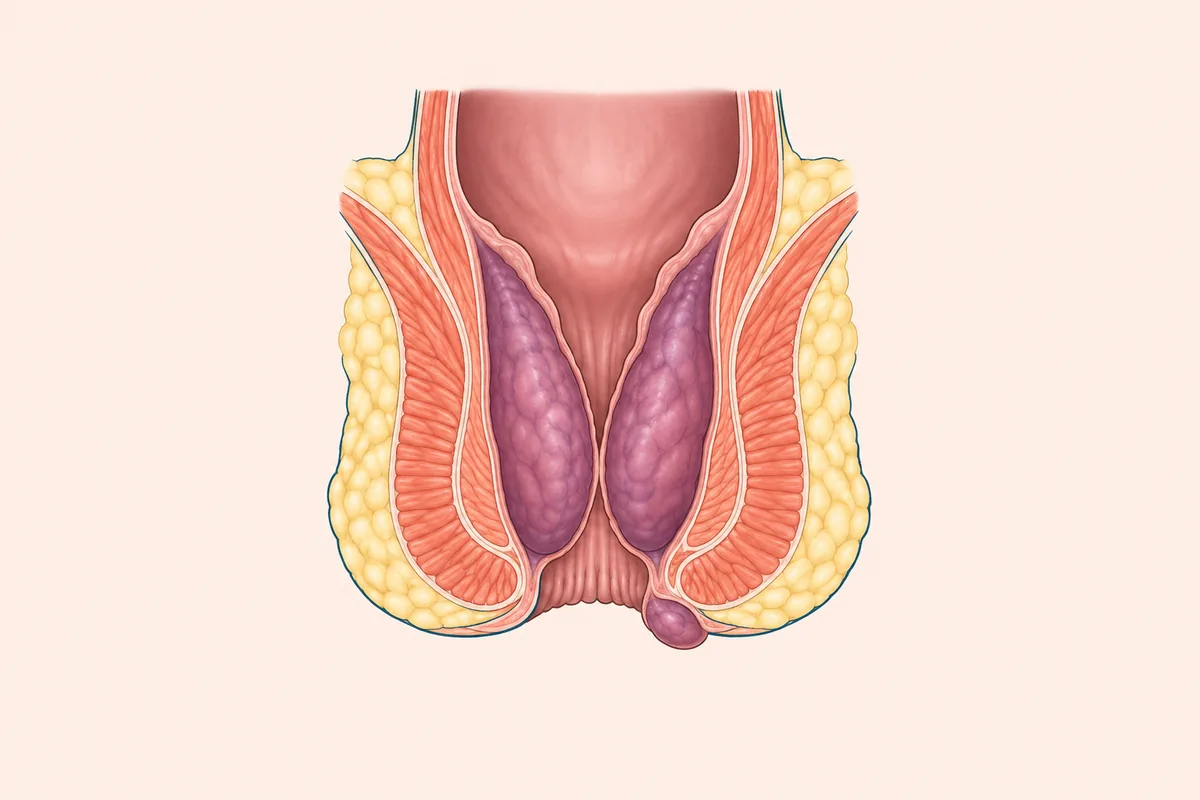 Medical illustration of large internal piles filling the lower back passage, with an external pile at the opening, the kind that may need an operation