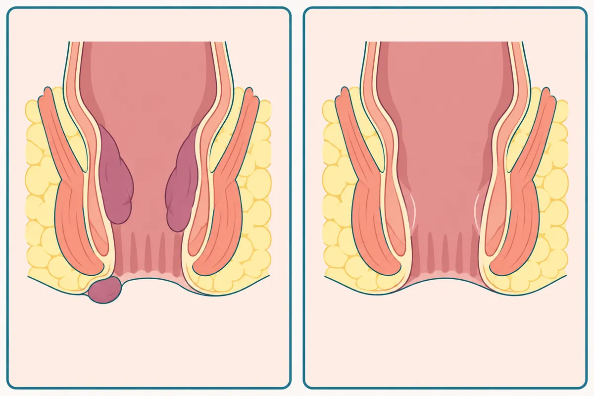 Two diagrams of the back passage in cross-section: on the left, swollen piles inside the canal and at the opening; on the right, the same area after the piles are removed