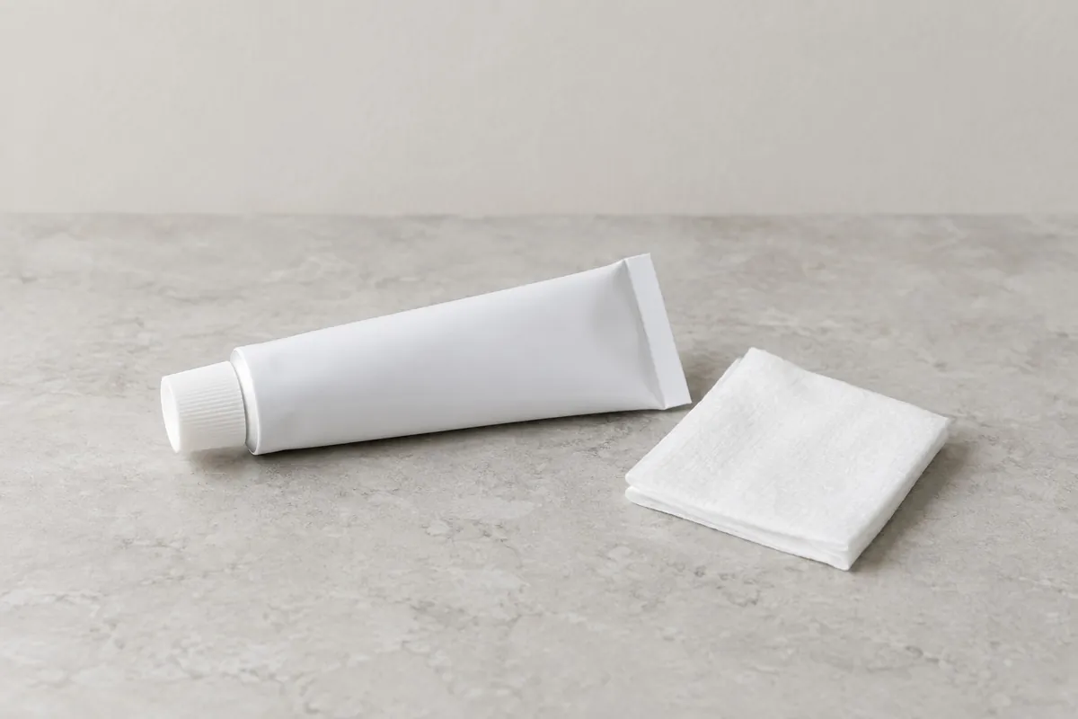 A plain unbranded ointment tube beside a folded tissue