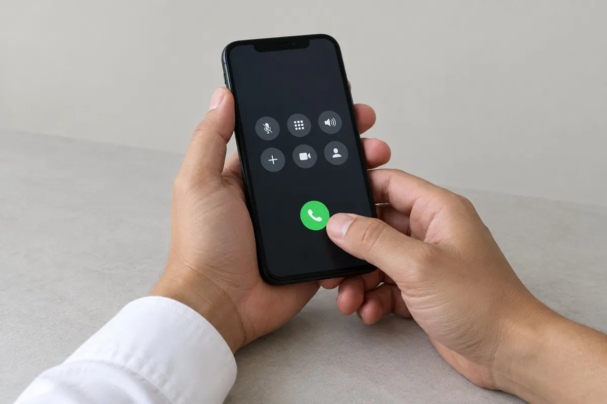 Two hands holding a phone on a call screen