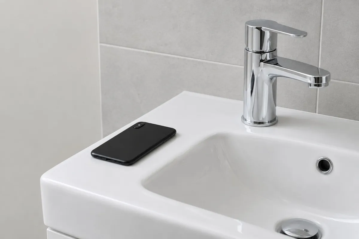 A phone lying face down on the edge of a bathroom sink