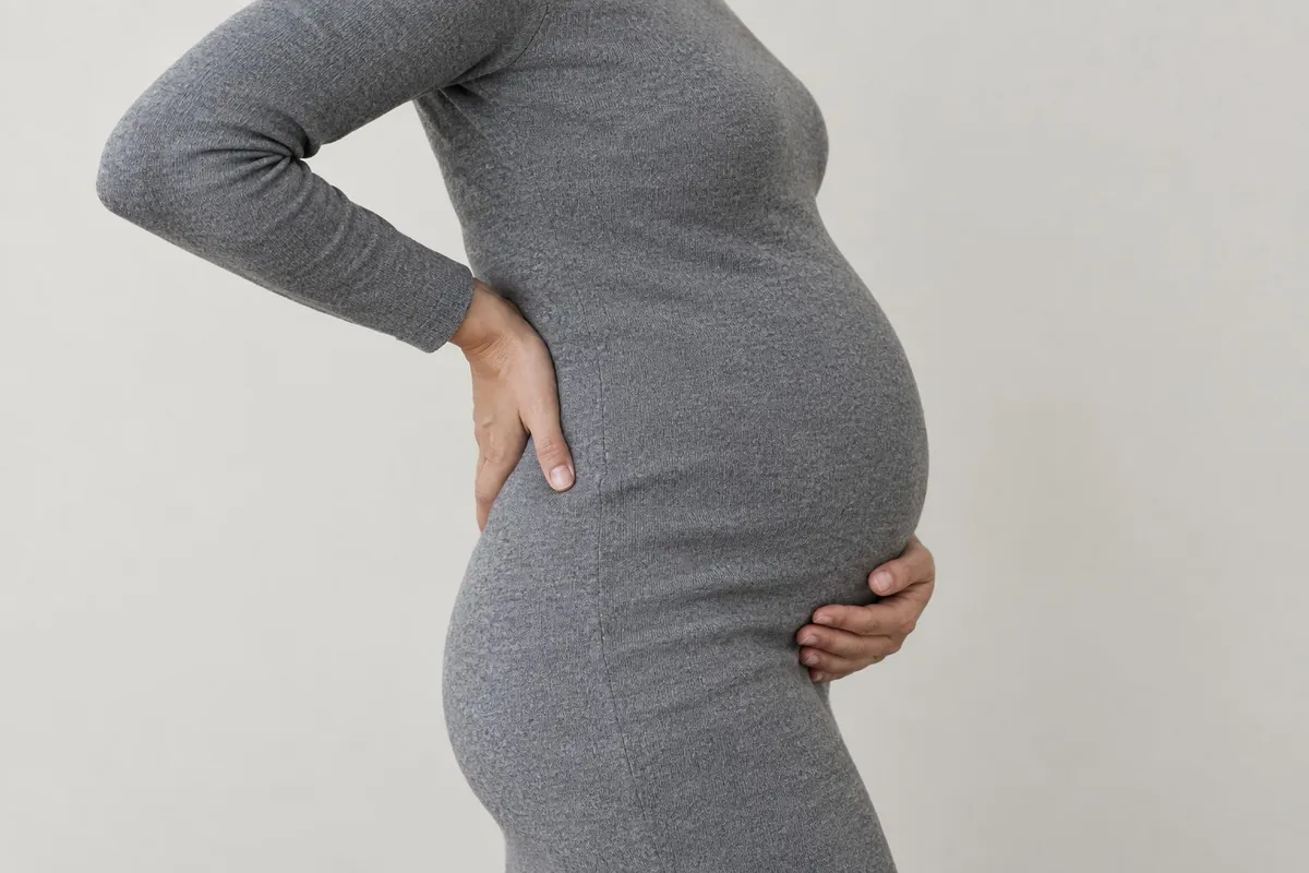 A pregnant woman seen from the side, one hand at her lower back and one under the bump