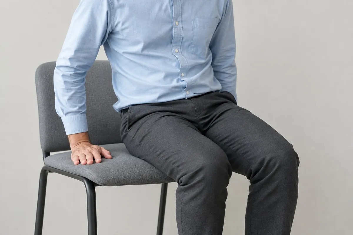 A man perched on the front edge of a chair, leaning onto one hip with a hand on the seat