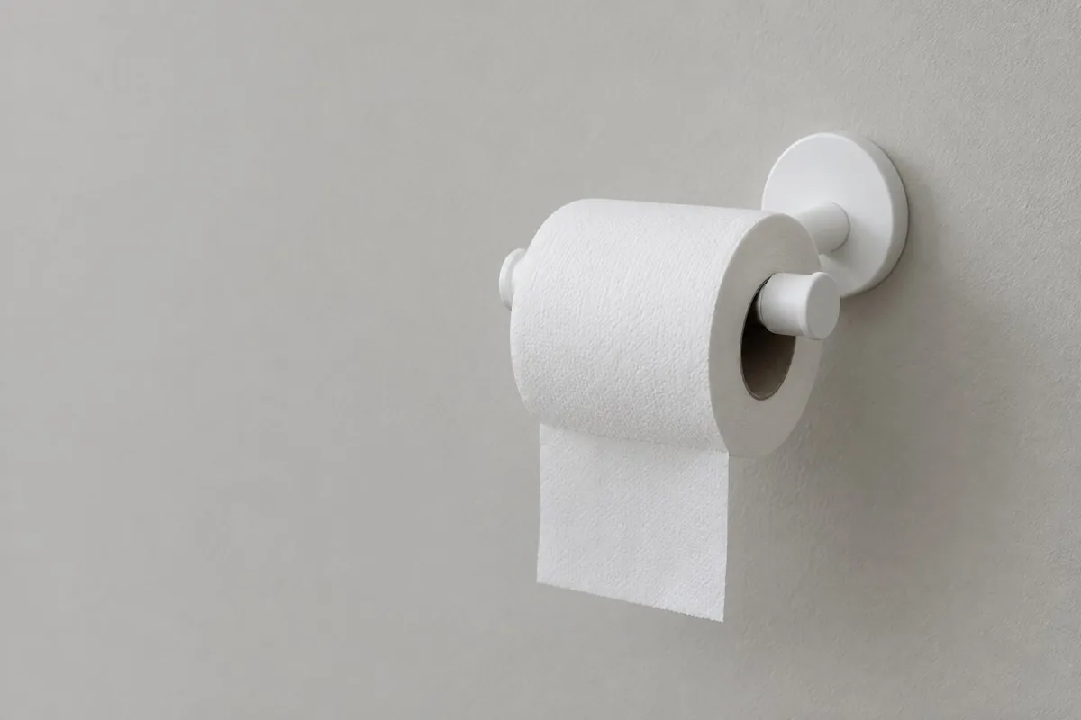 A white toilet roll on a plain wall holder