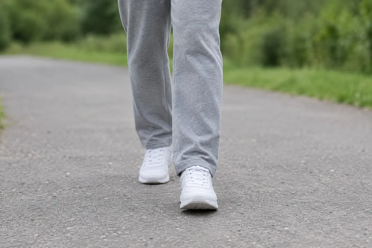 Legs in loose grey trousers and white trainers, walking on a path