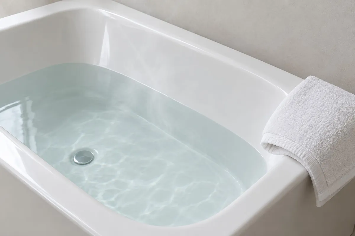 A white bathtub with a little warm water and a folded towel on the edge